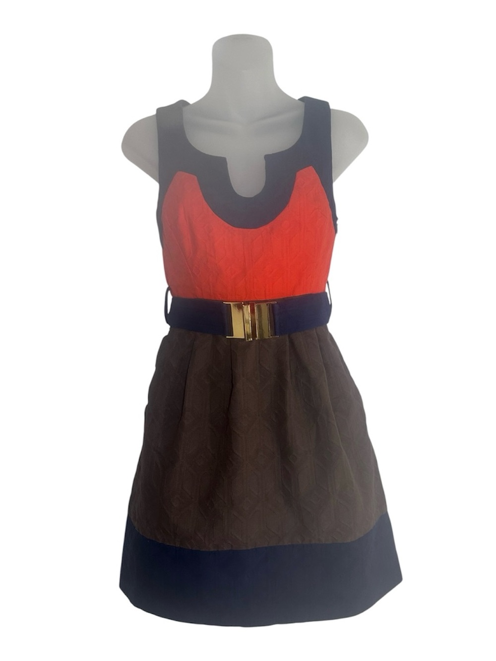 Milly Of NY Colorblock Jacquard Ballard Dress Sz 0 Orange Navy Brown Cotton